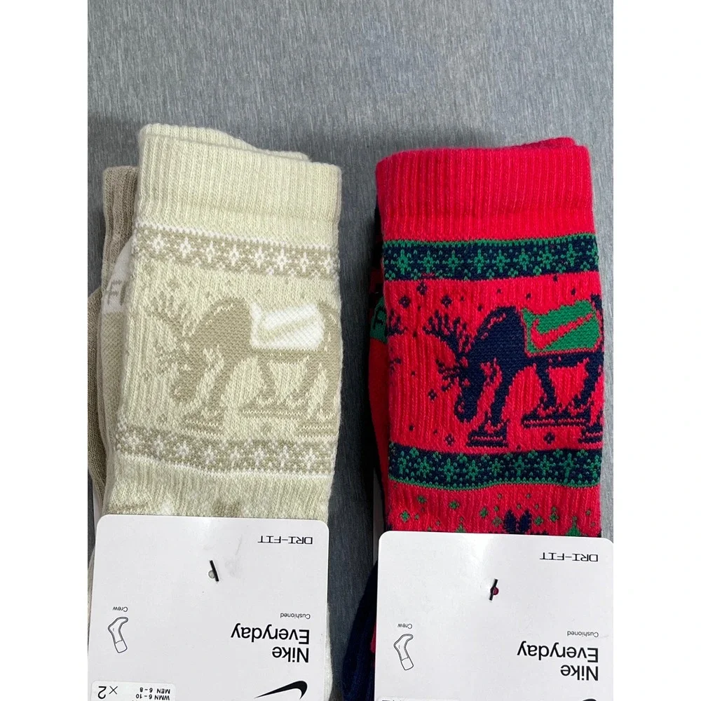 Nike Everyday Cushioned Crew Socks 4 Pair Holiday Moose Fair Isle Dri-Fit Medium